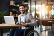 © Nikki AI - Smiling Man in Wheelchair in Front of Laptop in Office