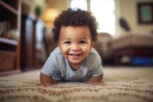  Happy Mixed-race Toddler Boy Eagerly Crawls Across The Floor, Celebrating A New Milestone In His Development