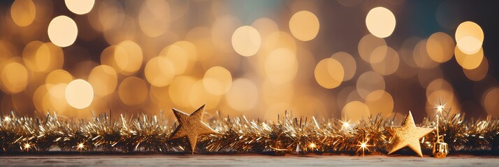 Christmas Tree With gold Baubles close-up against backdrop of golden sparkling Christmas lights. Wide format banner. Background with atmosphere of celebration and magic. generative AI