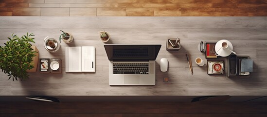 Poster - a picture of an office desk from a top view that has space on it.