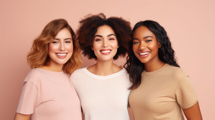 Wall Mural - Portrait of three young multiracial women standing together and smiling at the camera isolated over a pastel background