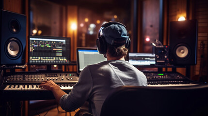 Sound engineer wearing headphones and musician recording song in the boutique recording studio