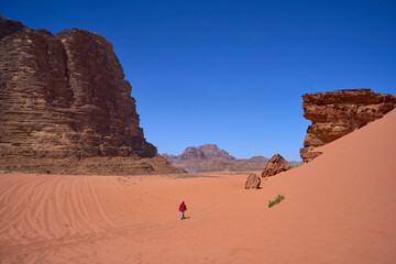 Wall Mural - A tourist walking through the desert. Wadi Rum Desert in Southern Jordan