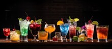 Various Tasty Cocktails Displayed On A Dark Table In A Bar. Room For Text.