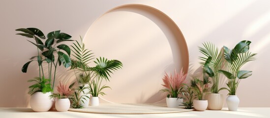 Aufkleber - A product presentation can be done in a studio with a white background that is free from any distractions. The room is empty but has shadows of windows, flowers, and palm leaves, creating a visually