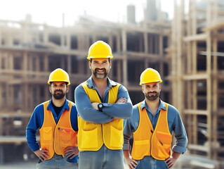 Construction site workers standing with folded arms wearing safety vests and helmets.