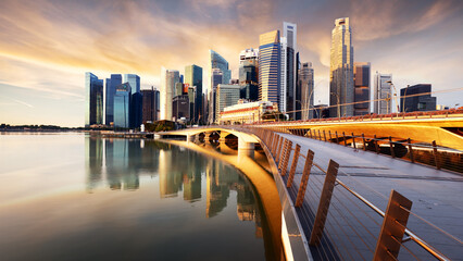 Wall Mural - Singapore with bridge and skyscraprest at sunrise