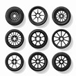 Car wheel icons set. Black wheel tires silhouette collection. Auto wheel disks.

