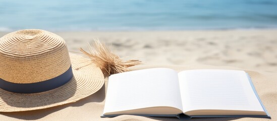 Poster - A writing book with summer beach accessories is featured on a background, offering copy space. is laid flat with copy space available.