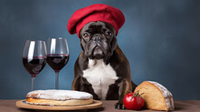 Dog French Bulldog With Red Wine And Baguette And French Beret