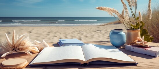 Poster - A writing book with beach accessories as the background, with plenty of space for writing.