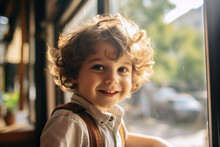 Smiling Adorable Kid Stands By A Window, Gazing Out Onto The Bustling Street With Wide Eyes And A Sense Of Excitement, Taking In The Sights And Sounds Of The Outside World	