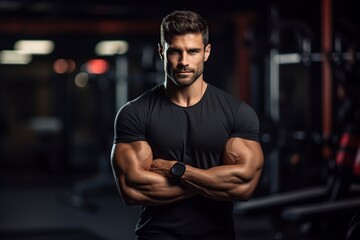 beautiful portrait of a serious young man posing in the gym