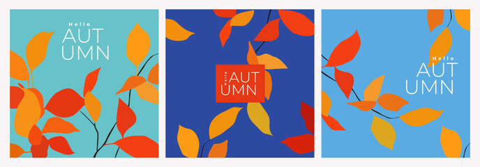 Wall Mural - trendy minimal autumn set of banner, card, poster or cover with bright and beautiful autumn leaves o