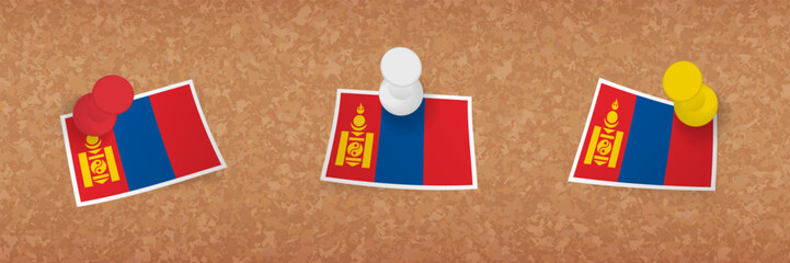 Sticker - Mongolia flag pinned in cork board, three versions of Mongolia flag.