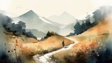 Fototapeta Fototapety z naturą - Travel illustration. Sunset in the mountains. Art, minimalism, romanticism, watercolors, pastels. Generative AI. 