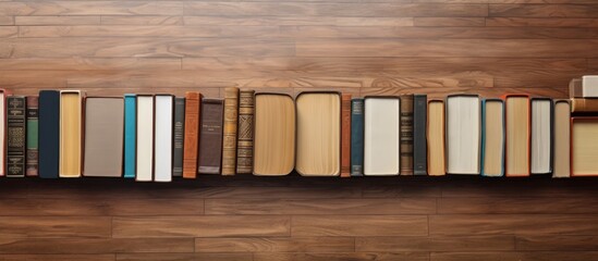 Poster - Different books are arranged on a wooden floor, with a brown wood parquet background. empty space available for writing. This setup represents the idea of going back to school and is shown from a