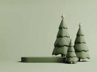 Wall Mural - 3d render of Christmas tree background.Green pastel podium with frame and holiday symbol. Showcase, podium for advertising products in trendy cartoon style. Minimalistic new year and winter wallpaper.