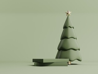 Wall Mural - 3d render of Christmas tree background.Green pastel podium with frame and holiday symbol. Showcase, podium for advertising products in trendy cartoon style. Minimalistic new year and winter wallpaper.