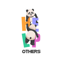 vector illustration of two pandas holding each other helping their friend to climb, moral message, simple design for t shirt, background, website and banner