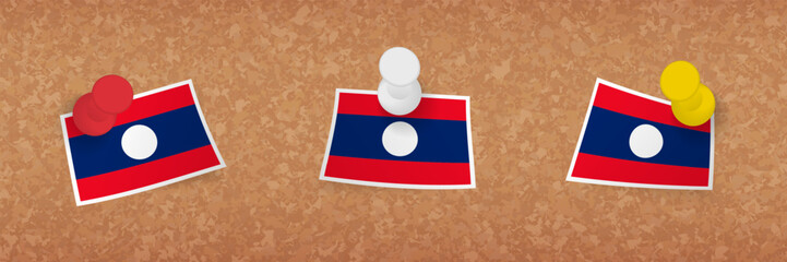 Sticker - Laos flag pinned in cork board, three versions of Laos flag.