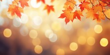 Autumn Blurred Background With Frame Of Orange, Gold And Red Maple Leaves On Nature On Background Of Sunlight With Soft Beautiful Bokeh.