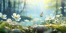 Beautiful Spring White Flowers Of Anemones And Flying Butterfly In Spring Forest; Easter Spring Forest Landscape With Flowering Primroses