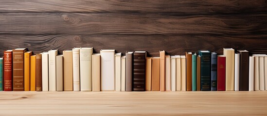 Poster - Different books placed on a wooden floor with a brown wood parquet background. empty space available for writing or inscriptions. This setup is a back to school idea and the books are spread around.
