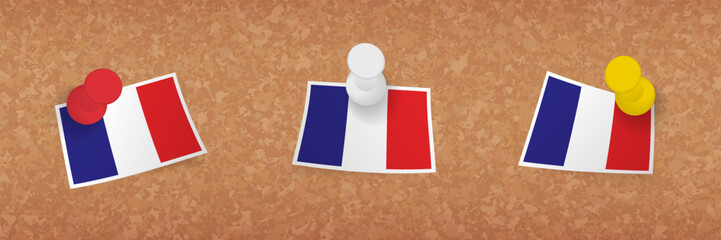 Sticker - France flag pinned in cork board, three versions of France flag.