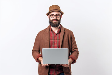 Wall Mural - IT specialist in hat and glasses standing with laptop, Handsome man is in the studio against white background