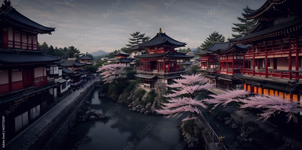 Beautiful japanese pagoda surrounded by blooming cherry blossoms Stock ...