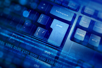 Keyboard for computer. binary code. IT background. information communications. keyboard buttons. Software programming concept. IT backdrop. Cyber wallpaper. Template for IT banner. digital industry
