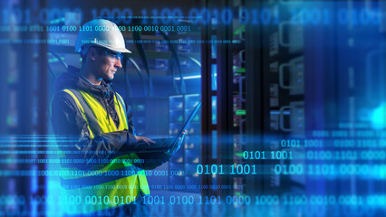 Engineer in server room. Man with laptop. Telecom business employee. Engineer man at internet service provider. Guy in yellow vest is in server room. Engineer is programmer. Male near server hardware