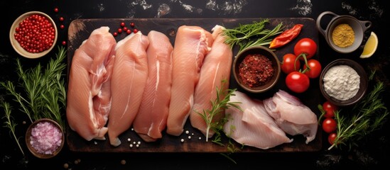 Types of raw chicken meat and poultry displayed on a black background from a top view with copy space.