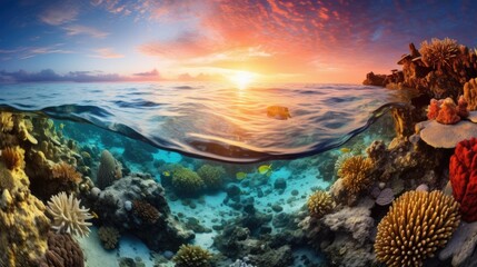 Wall Mural - Ocean coral reef underwater. Sea world under water background. Beautiful view of sea life. Ecosystem. AI photography..