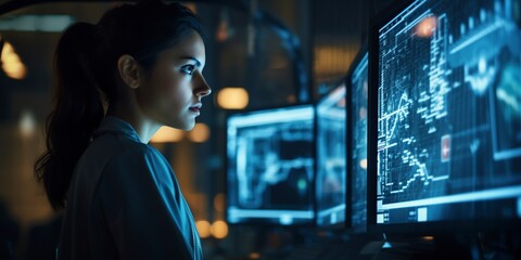 young caucasian female aerospace engineer monitoring the computer