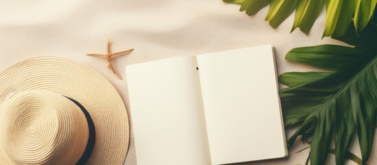 Poster - Blank Writing Book With Summer Beach Accessories On Background, Copy Space. Flat Lay With Copy Space.