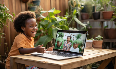 African girl using laptop in local village in Africa