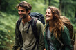 © OneByOne - Adventurous Young Couple Hiking Hand in Hand, Smiling Amidst Lush Forest - Nature, Love, Hiking, Happiness, Couple, Smiling, Adventure, Forest, Outdoors, Exploration