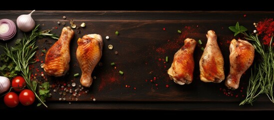 Wall Mural - top view of raw and fresh chicken drumsticks seasoned with spices and placed alongside vegetables on a wooden cutting board. The background is black, and empty space for text.