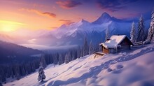 Fantastic Winter Landscape With Wooden House In Snowy Mountains. Hight Mountain Peaks In Foggy Sunset Sky. Christmas And Winter Vacations Generative AI