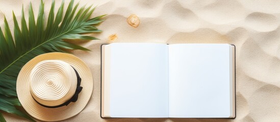 Poster - A flat lay image showing a blank writing book with summer beach accessories in the background. copy space available in the image.