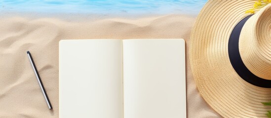 Poster - flat lay image with a blank writing book and various summer beach accessories in the background. has ample space for adding text or other elements.