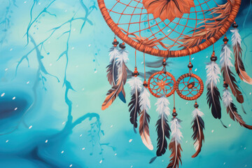 Handmade dream catcher with feathers threads and beads rope close up