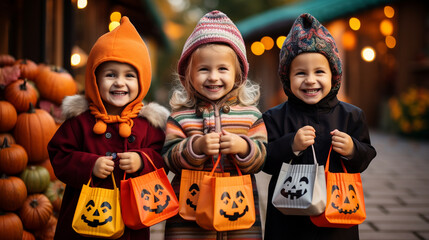 Wall Mural - Trick-or-treaters in colorful costumes holding candy bags, Halloween Generative AI