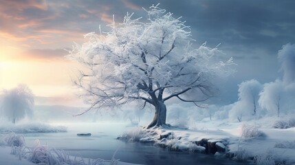 magical winter snow covered tree. Winter landscape Generative AI