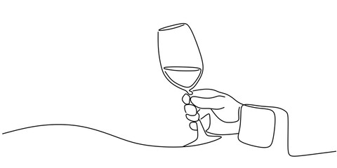 Continuous one line drawing of two glasses of red wine. Minimalist linear concept of celebrate and cheering. Editable stroke Vector illustration