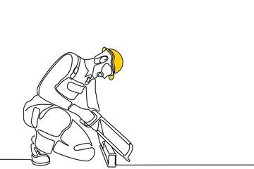 Wall Mural - Single continuous line drawing of young construction worker. Building architecture business concept. One line draw design transparent background PNG	