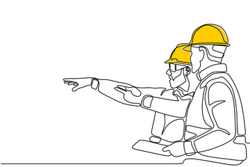 Single continuous line drawing of young construction manager giving instruction to builder coordinator at site meeting. Building architecture business concept. One line draw design transparent 