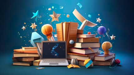 education school books on row with little ladder on colorful background. 3d rendering